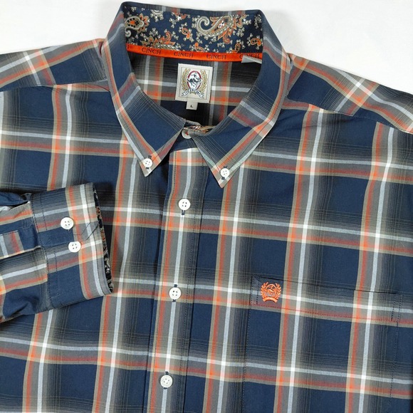 Cinch Other - Cinch Mens Large Long Sleeve Button Down Shirt Blue Orange Plaid Paisley Trim